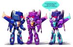  1boy 2girls arm_cannon arms_behind_back decepticon deformed english_commentary english_text khirzava mecha mechanical_wings multiple_girls no_humans novastorm open_hand parted_lips purple_lips red_eyes robot scowl slipstream_(transformers) smile solid_eye speech_bubble thundercracker transformers transformers_cyberverse weapon wings 