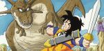  2boys black_hair cape clenched_teeth colored_skin crossed_arms dinosaur dougi dragon_ball dragon_ball_z drooling green_skin holding holding_sword holding_weapon male_focus multiple_boys official_style piccolo sharp_teeth sheath son_gohan susumu_(rei-h-0701) sweat sword teeth toriyama_akira_(style) turban weapon white_cape wristband 