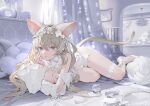  1girl :3 animal_ears ankle_ribbon arm_support bangs barefoot bed blonde_hair blue_eyes breasts canopy_bed cat_ears cat_girl cat_tail closed_mouth detached_sleeves diamond-shaped_pupils diamond_(shape) flower hair_flower hair_ornament hair_ribbon hand_mirror kitada_mo large_breasts leg_ribbon long_hair looking_at_viewer lying mirror nail_polish on_bed on_stomach original ribbon sidelocks silver_nails smile solo symbol-shaped_pupils tail tail_ornament tail_ribbon thighs wavy_hair white_ribbon 