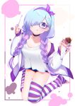  1girl :q bangs black_choker black_nails black_shorts blue_hair braid breasts choker chromatic_aberration cleavage closed_mouth commentary_request crepe food gradient_hair hair_over_one_eye hair_ribbon hairband highres holding holding_food holding_spoon indie_virtual_youtuber kitasaya_ai kitasaya_ai_(vtuber) kneehighs kneeling knees_together_feet_apart legs long_hair long_sleeves looking_at_viewer low_twintails medium_breasts multicolored_hair nail_polish no_shoes puffy_long_sleeves puffy_sleeves purple-framed_eyewear purple_eyes purple_hair purple_hairband purple_ribbon ribbon shirt short_shorts shorts single_kneehigh single_sock single_thighhigh sleeves_past_wrists smile socks solo spoon striped striped_socks striped_thighhighs thighhighs thighs toeless_legwear tongue tongue_out twin_braids twintails very_long_hair virtual_youtuber white_shirt 