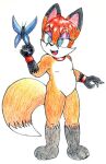  anthro arthropod biped butterfly canid canine eyeshadow fangs female fox fur green_eyes hair insect lepidopteran makeup mammal markings open_mouth red_hair reddragonkan short_hair solo traditional_media_(artwork) wristband 