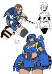  3girls adeptus_astartes ass_visible_through_thighs backpack bag bangs bike_shorts black_eyes black_hair blue_skirt braid braided_ponytail brown_eyes brown_hair clenched_teeth fingerless_gloves frown genderswap genderswap_(mtf) gloves hair_over_one_eye highres holding holding_knife holster hood knife leg_holster mask micro_shorts miniskirt mouth_mask multiple_girls power_fist reverse_grip ryuusei_(mark_ii) short_hair shorts skirt t&#039;au teeth ultramarines warhammer_40k 