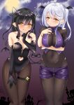  2girls 774_inc. :p :t alternate_costume arm_under_breasts ass_visible_through_thighs bangs black_bodysuit black_gloves black_hair black_leotard black_pantyhose blue_hair blunt_bangs blush bodysuit bodysuit_under_clothes breasts cleavage closed_mouth clothing_cutout commentary_request covered_navel demon_girl demon_horns demon_tail demon_wings elbow_gloves feet_out_of_frame finger_to_cheek full_moon gloves hair_between_eyes head_wings heart heart_cutout highres hiyoku_no_crosspiece horns jack-o&#039;-lantern kasumasu_(tales75) kohaku_yuri kojo_anna large_breasts leaning_forward leotard long_hair looking_at_viewer medium_breasts moon multicolored_hair multiple_girls navel_cutout pantyhose pointy_ears purple_hair purple_shorts shorts smile strapless strapless_leotard streaked_hair sugar_lyric tail thigh_gap tongue tongue_out two-tone_hair virtual_youtuber white_hair wings yellow_eyes 