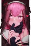  1girl 1other black_gloves black_headwear black_shirt blue_archive dano finger_sucking gloves hat heart heart_in_eye koharu_(blue_archive) long_hair looking_at_viewer pink_eyes pink_hair pov pov_hands saliva shirt solo_focus symbol_in_eye tearing_up winged_hat 