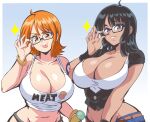  &gt;:) 2girls :p adjusting_eyewear ahoge arm_at_side arm_tattoo bangs bare_shoulders bespectacled black-framed_eyewear black_hair blue_eyes breasts cleavage commentary cooler glasses hand_on_eyewear hand_up head_tilt highres large_breasts lewdamone looking_at_viewer medium_hair midriff multiple_girls nami_(one_piece) navel nico_robin official_alternate_costume one_piece orange_eyes orange_hair parted_bangs parted_lips plunging_neckline semi-rimless_eyewear short_sleeves smile stomach symbol-only_commentary tan tank_top tattoo tongue tongue_out under-rim_eyewear upper_body v-shaped_eyebrows vest 