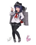  1girl ;) absurdres akatsuki_(kancolle) anchor_symbol animal bangs black_headwear black_pantyhose black_sailor_collar black_skirt blue_hair closed_mouth commentary_request dated flat_cap full_body grey_footwear hair_between_eyes hand_on_hip hand_up hat highres index_finger_raised inica kantai_collection loafers long_hair looking_at_viewer machinery neckerchief one_eye_closed pantyhose pleated_skirt purple_eyes rabbit red_neckerchief sailor_collar school_uniform serafuku shoes signature simple_background skirt smile solo very_long_hair white_background 