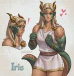  ! 1girl absurdres belt blonde_hair blue_eyes blush bracelet breasts character_name chiton clenched_hands collarbone colored_skin dark-skinned_female dark_skin dragon_girl dragon_horns dragon_tail expressions greek_clothes green_skin highres horns jewelry m4rjinn medium_breasts medium_hair multicolored_skin muscular muscular_female nose_blush original pointy_ears scales slit_pupils solo standing tail thick_thighs thighs 