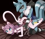  2_tails abdominal_bulge absurd_res alice_myuu anthro anthro_on_anthro anthro_penetrated anthro_penetrating anthro_penetrating_anthro ass_up bedding big_penis blue_eyes blue_sclera bodily_fluids butt chest_eye clenched_teeth cum cum_from_pussy cum_in_pussy cum_in_uterus cum_inside cum_splatter dewott duo female female_penetrated flat_chested from_behind_position generation_5_pokemon generation_6_pokemon genital_fluids genitals glistening glistening_hair gradient_background hair hi_res huge_penis hybrid internal kneeling knot leapfrog_position legendary_pokemon long_hair male male/female male_penetrating male_penetrating_female meowstic mew multi_tail neck_tuft nintendo nude pattan penetration penile penile_penetration penis penis_in_pussy pink_hair plantigrade pokemon pokemon_(species) red_eyes sex shell side_view simple_background teeth translucent translucent_body tuft uterus vaginal vaginal_penetration vein veiny_knot video_games waist_grab zama_(din) 