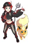  1girl 774_inc. absurdres bangs black_footwear black_hair black_jacket black_pants black_sports_bra blue_eyes blush breasts chain commentary_request cropped_jacket cross-laced_pants demon_girl demon_horns demon_tail ear_chain ear_piercing flareon full_body grin highres holding holding_poke_ball horns jacket large_breasts looking_at_viewer meotora_tempura midriff multicolored_hair navel open_clothes open_jacket pants piercing pointy_ears poke_ball pokemon pokemon_(creature) red_hair ryugasaki_rene shoes short_hair simple_background smile sneakers sports_bra standing sugar_lyric tail two-tone_hair underboob virtual_youtuber white_background zipper 