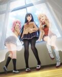  3girls :d arm_support black_hair black_scrunchie black_socks blonde_hair breasts brown_cardigan cardigan cat_earrings cloud curtains fang full_body hair_ornament hair_rings hair_scrunchie hairband hand_on_own_stomach highres hood hoodie inu_ni_nattara_suki_na_hito_ni_hirowareta inukai_karen key_visual kneehighs kneepits large_breasts legs long_hair looking_at_viewer looking_back loose_socks mole mole_under_eye morita_kazuaki multiple_girls nekotani_mike official_art ojou-sama_pose one_side_up open_cardigan open_clothes pantyhose pink_eyes pink_hair pleated_skirt promotional_art red_eyes red_hoodie school_uniform scrunchie serafuku shoes sitting skin_fang skirt sky smile socks standing teeth tsukishiro_usagi two_side_up upper_teeth uwabaki very_long_hair wavy_hair white_hairband white_socks window yellow_eyes zipper 