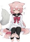  2girls :o animal_ear_fluff animal_ears ass bad_id bad_twitter_id barefoot black_collar black_sailor_collar black_thighhighs blush bow collar commentary dress fang feet fenrir_(fenriluuu) flying_sweatdrops hair_between_eyes highres long_hair long_sleeves looking_at_viewer mole mole_under_eye multiple_girls naru-chan no_shoes open_mouth orange_eyes original pink_hair red_bow rir-chan sailor_collar simple_background sleeves_past_fingers sleeves_past_wrists soles solo_focus stirrup_legwear symbol-only_commentary tail thighhighs toeless_legwear toes translation_request very_long_hair white_background white_dress zzz 