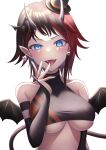  1girl 774_inc. bangs bat_(animal) black_bridal_gauntlets black_hair black_headwear black_sports_bra black_wings blue_eyes blush breasts bridal_gauntlets demon_girl demon_horns demon_wings earrings ff-aerith-lightning-tifa1021 halloween hat highres horns jewelry large_breasts licking licking_finger looking_at_viewer mini_hat multicolored_hair open_mouth pointy_ears red_hair ryugasaki_rene short_hair simple_background smile solo sports_bra sugar_lyric tongue tongue_out top_hat two-tone_hair underboob upper_body virtual_youtuber white_background wings 