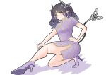  1girl 774_inc. bangs black_hair blush breasts china_dress chinese_clothes closed_mouth commentary_request demon_girl demon_horns demon_tail dress full_body hand_on_hip high_heels highres horns kojo_anna long_hair looking_at_viewer medium_breasts multicolored_hair pointy_ears purple_dress purple_footwear purple_hair robou_no_stone short_dress short_sleeves simple_background smile solo sugar_lyric tail two-tone_hair two_side_up virtual_youtuber white_background yellow_eyes 