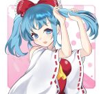  1girl :d aika4472 ascot bare_shoulders blue_eyes blue_hair bow breasts cosplay detached_sleeves hair_bobbles hair_bow hair_ornament hakurei_reimu hakurei_reimu_(cosplay) kawashiro_nitori large_breasts open_mouth pink_background red_bow ribbon-trimmed_sleeves ribbon_trim smile solo touhou two_side_up tying_hair upper_body wide_sleeves yellow_ascot 