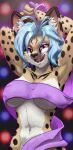  2021 3_fingers anthro big_breasts black_spots blizzmaster blue_eyebrows blue_hair blurred_background breasts clothed clothing convenient_censorship countershade_face countershade_torso countershading digital_media_(artwork) eyebrows eyelashes eyeshadow fangs felid feline female fingers fur hair half-length_portrait hands_behind_head hi_res inner_ear_fluff licking licking_lips looking_at_viewer makeup mammal multicolored_body multicolored_fur narrowed_eyes nimah_(blizzmaster) nipple_outline open_mouth partially_clothed pink_eyeshadow portrait purple_eyes raised_arms serval signature smile smiling_at_viewer solo spots spotted_body spotted_fur standing tan_body tan_fur tongue tongue_out tuft two_tone_body two_tone_fur under_boob white_body white_fur 