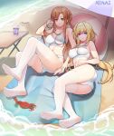  2girls alice_zuberg asuna_(sao) bare_back bare_shoulders beach bikini blonde_hair blue_eyes braid braided_ponytail breasts brown_eyes brown_hair crab feet french_braid hairband highres legs long_hair looking_at_viewer medium_breasts multiple_girls navel ninai no_shoes ocean smile soles spread_toes swimsuit sword_art_online sword_art_online:_alicization thighhighs toes wet wet_clothes wet_legwear white_hairband white_thighhighs yuri 