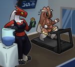  anthro bikini blaziken bra breasts bulge carol_(otterjunk) clothing generation_3_pokemon generation_4_pokemon gym gynomorph hi_res intersex lopunny monitor news news_report nintendo otterjunk pokemon pokemon_(species) sports_bra sweatpants swimwear treadmill underwear video_games water_cooler weather_report 