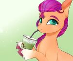  beverage braided_hair container cup drinking earth_pony equid equine eyebrows female feral fetlocks green_eyes hair hasbro holding_object hooves horse ice leg_tuft mammal mane mlp_g5 my_little_pony orange_body pony purple_hair purple_mane smile solo straw sunny_starscout_(mlp) tuft woollyart 