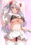  1girl :q absurdres azur_lane bangs blush breasts cleavage closed_mouth commentary_request curtains garter_straps gloves grey_hair hair_between_eyes hand_up hat headgear highres holding holding_syringe indoors large_breasts long_hair looking_at_viewer moyoron multicolored_hair navel nurse nurse_cap orange_eyes parted_bangs pleated_skirt prinz_eugen_(azur_lane) red_hair shrug_(clothing) skirt smile solo standing streaked_hair syringe thighhighs tongue tongue_out two_side_up very_long_hair white_gloves white_headwear white_skirt white_thighhighs 