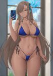  1girl ass_visible_through_thighs asuna_(blue_archive) bangs bare_shoulders bikini blue_archive blue_bikini blue_eyes blue_ribbon blue_sky blush breasts cellphone cleavage cloud collarbone day hair_over_one_eye hair_ribbon halo highres holding holding_phone indoors large_breasts long_hair looking_at_viewer mole mole_on_breast navel phone ribbon side-tie_bikini_bottom sky smile solo swimsuit thighs very_long_hair window zaphn 