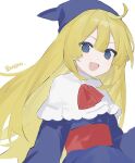  0mot 1girl :d ahoge blonde_hair blue_dress blue_eyes blue_headwear capelet dress highres long_hair looking_at_viewer open_mouth puyopuyo signature simple_background smile solo upper_body white_background white_capelet witch_(puyopuyo) 