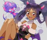  1girl :d armlet bangs bare_shoulders blush_stickers brown_eyes commentary_request covered_collarbone dark-skinned_female dark_skin dress eyelashes fake_horns grey_background hairband highres horns iris_(fall_2022)_(pokemon) iris_(pokemon) knees knees_together_feet_apart long_hair marukopan official_alternate_costume open_mouth poipole pokemon pokemon_(creature) pokemon_(game) pokemon_masters_ex smile teeth tongue turtleneck twintails upper_teeth wrist_cuffs 