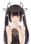  1girl 774_inc. absurdres bangs black_hair black_shirt blunt_bangs breasts closed_mouth commentary_request demon_girl demon_horns engacyo_(engacyo39800yen) heart heart_print highres horns kojo_anna long_hair looking_at_viewer medium_breasts multicolored_hair own_hands_together pink_nails pointy_ears print_shirt purple_hair see-through see-through_shirt shirt simple_background sleeveless sleeveless_shirt smile solo straight-on sugar_lyric twintails two-tone_hair upper_body virtual_youtuber white_background yellow_eyes 