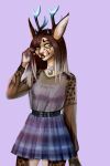  amulet antlers belt belt_buckle brown_hair caracal caracal_(genus) cervid clothed clothing collar danya_(reiko4835i) dress felid feline female fur hair hi_res horn humanoid hybrid iozb looking_at_viewer mammal solo spots spotted_body spotted_fur 