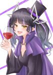  1girl 774_inc. alcohol alternate_costume bangs black_dress black_hair black_headwear blush cloak commentary_request cup demon_girl demon_horns dress drinking_glass fang halloween halloween_costume hat highres holding holding_cup horns kojo_anna long_hair looking_at_viewer multicolored_hair open_mouth pointy_ears purple_cloak purple_hair robou_no_stone smile solo sugar_lyric top_hat twintails two-tone_hair upper_body vampire_costume virtual_youtuber white_background wine wine_glass yellow_eyes 