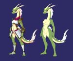  animal_humanoid anthro armor breasts clothed clothing dragon dragon_humanoid featureless_breasts featureless_crotch female green_body hair hi_res horn humanoid model_sheet multicolored_body nude protonmono pupils purple_eyes reptile scalie silver_hair simple_background slit_pupils solo standing two_tone_body 