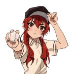  1girl alternate_costume ball bangs baseball baseball_cap baseball_uniform closed_mouth eris_greyrat facing_viewer hand_on_headwear hat highres holding holding_ball long_hair looking_at_viewer mushoku_tensei nyus0721 red_eyes red_hair simple_background solo sportswear upper_body white_background 