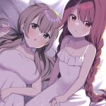  2girls :o alternate_costume bangs bed_sheet black_bow blunt_bangs bow braid brown_hair crossed_bangs dress frilled_dress frills fujishiro_emyu grey_eyes hair_bow highres himuro_rabi jewelry long_hair looking_at_viewer low-braided_long_hair low-tied_long_hair lying magia_record:_mahou_shoujo_madoka_magica_gaiden mahou_shoujo_madoka_magica medium_hair multiple_girls on_back parted_lips red_eyes red_hair ring satomi_nayuta sidelocks sitting sleeveless sleeveless_dress spaghetti_strap sparkle strapless strapless_dress swept_bangs twin_braids twintails white_dress 