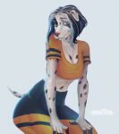  &lt;3 absurd_res alfavition anthro black_hair breasts canid canine canis clothed clothing dalmatian domestic_dog female fur hair hi_res invalid_tag leggings legwear looking_at_viewer mammal smile solo sport white_body white_fur 