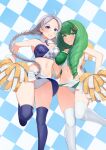  2girls absurdres ahoge bangs bare_shoulders blue_archive blue_eyes braid breast_press breasts cameltoe cheerleader commission commissioner_upload cosplay crystal_earrings detached_collar drill_hair earrings fire_emblem fire_emblem:_three_houses fire_emblem_fates fire_emblem_heroes flayn_(fire_emblem) green_eyes green_hair grey_hair hair_ornament hairclip hibiki_(blue_archive) hibiki_(blue_archive)_(cosplay) highres holding holding_pom_poms jewelry large_breasts long_hair looking_at_viewer low_twin_braids midriff multiple_girls navel nessu_(nnn07897) nina_(fire_emblem) non-web_source panties pantyshot parted_bangs pom_pom_(cheerleading) skirt smile thighhighs twin_braids twin_drills underwear white_panties 