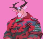  aardman_animations alternate_species arthur_christmas capreoline cervid clothed clothing ear_piercing ear_ring fully_clothed fur hair hi_res looking_at_viewer male mammal muscular piercing pink_background red_nose reindeer ring_piercing simple_background solo steve_claus tan_body tan_fur uleezoo white_hair 