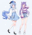  2girls alternate_costume arm_up bare_legs black_footwear blue_hair casual cone_hair_bun double_bun full_body ganyu_(genshin_impact) genshin_impact goat_horns hair_bun hand_up high_heels highres horns keqing_(genshin_impact) kneehighs leg_up long_hair long_sleeves looking_at_viewer multicolored_shirt multiple_girls nami_(nyaa) pleated_skirt polka_dot polka_dot_background puffy_long_sleeves puffy_sleeves purple_hair shirt shoes short_shorts shorts skirt sneakers socks standing standing_on_one_leg twintails white_footwear white_shirt white_socks 