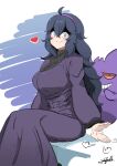  1girl @_@ absurdres ahoge alternate_breast_size black_dress blank_eyes breasts commentary dress gengar hairband heart hex_maniac_(pokemon) highres huge_breasts john_(a2556349) long_dress long_hair looking_at_viewer messy_hair patting pokemon pokemon_(game) pokemon_xy purple_hairband solo 