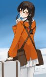  1girl bag blue_sky braid brown_hair cloud commentary_request day from_behind highres hood hooded_jacket jacket kantai_collection long_hair looking_at_viewer looking_back messenger_bag one-hour_drawing_challenge orange_eyes orange_jacket outdoors pantyhose pleated_skirt shoulder_bag single_braid skirt sky solo souya_(kancolle) souya_agb_(kancolle) suitcase toriniku_senshi_chikinman white_pantyhose white_skirt 