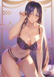  1girl absurdres arm_support bangs barefoot blush bra breasts cleavage collarbone commentary fate/grand_order fate_(series) floral_print hand_in_own_hair highres kneeling large_breasts leaning_forward lingerie long_hair low-tied_long_hair mashuu_(neko_no_oyashiro) mature_female minamoto_no_raikou_(fate) navel panties parted_bangs parted_lips purple_background purple_bra purple_eyes purple_hair purple_panties smile solo thighs toes underwear underwear_only very_long_hair 