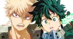  2boys :d bakugou_katsuki bangs blonde_hair boku_no_hero_academia freckles green_eyes green_hair hair_between_eyes highres looking_at_viewer male_focus midoriya_izuku mkm_(mkm_storage) multiple_boys portrait red_eyes short_hair smile teeth translation_request upper_teeth 