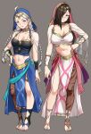  2girls absurdres ahoge azura_(fire_emblem) azura_(fire_emblem)_(cosplay) bangs bbk_(13zk) blue_eyes braid breasts brown_eyes brown_hair commission commissioner_upload cosplay crop_top dancer fire_emblem fire_emblem_fates fire_emblem_heroes full_body gold_choker hair_over_one_eye hand_on_hip highres kagero_(fire_emblem) large_breasts leanne_(fire_emblem) leanne_(fire_emblem)_(cosplay) long_hair looking_at_viewer low_twin_braids multiple_girls navel nina_(fire_emblem) non-web_source official_alternate_costume parted_bangs single_leg_pantyhose smile thigh_strap toeless_footwear toeless_legwear toes twin_braids veil white_hair 