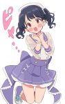  1girl black_hair commentary_request fangs fukumaru_koito full_body highres idolmaster idolmaster_poplinks idolmaster_shiny_colors looking_at_viewer miniskirt open_mouth purple_eyes purple_skirt sailor_collar saito_katuo see-through see-through_sleeves skin_fangs skirt solo tears twintails white_background 