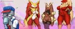  2022 anthro blaziken bodily_fluids breasts brown_breasts brown_ears clothed clothed/nude clothed_anthro_nude_anthro clothed_human_nude_anthro clothing delphox female flying_sweatdrops fur generation_3_pokemon generation_4_pokemon generation_6_pokemon green_eyes hair hand_on_hip hi_res human lopunny mammal nintendo nude painterdreamer pokemon pokemon_(species) pose red_body red_breasts red_eyes red_fur scuted_arms scutes sweat sweatdrop tan_hair under_boob video_games yellow_body yellow_ears yellow_fur 