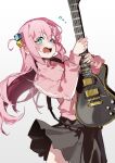  1girl black_skirt blue_eyes blush bocchi_the_rock! electric_guitar flying_sweatdrops gibson_les_paul gotou_hitori guitar hair_cubes hair_ornament highres holding holding_instrument instrument jacket jiuyesang long_hair looking_at_viewer one_side_up open_mouth pink_hair pink_jacket pleated_skirt simple_background skirt solo tears track_jacket white_background years 
