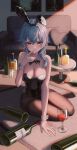  1girl alcohol animal_ears aqua_hair asymmetrical_hair bare_arms bare_shoulders black_bow black_bowtie black_leotard blush bottle bow bowtie breasts brown_pantyhose cleavage closed_mouth commentary couch cup cushion detached_collar drink drinking_glass eonyan_(chaeyang) eula_(genshin_impact) fake_animal_ears finger_to_mouth frown genshin_impact highres index_finger_raised indoors legs leotard looking_at_viewer medium_breasts medium_hair no_shoes on_floor pantyhose playboy_bunny rabbit_ears sidelocks sitting solo strapless strapless_leotard table thighband_pantyhose toes white_wrist_cuffs wine wine_bottle wine_glass wrist_cuffs yellow_eyes 