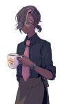  1boy apron black_hair black_pants black_shirt brown_apron brown_eyes coffee_mug collared_shirt cookie_run cup dark-skinned_male dark_skin espresso_cookie hair_over_one_eye highres holding holding_cup humanization looking_at_viewer low_ponytail male_focus mug multicolored_hair necktie official_alternate_costume pants pink_necktie print_mug round_eyewear shirt short_hair short_ponytail simple_background slit_pupils solo streaked_hair tuko waist_apron watch white_background white_hair wristwatch 
