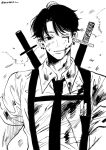  1boy black_hair black_necktie bleeding blood blood_from_eyes blood_on_clothes blood_on_face chainsaw_man chest_belt collared_shirt ear_piercing greyscale highres holding holding_sword holding_weapon injury katana kishibe_(chainsaw_man) kishibe_(young)_(chainsaw_man) looking_at_viewer mmmiaa monochrome necktie one_eye_closed piercing scar scar_on_face shirt short_hair simple_background sleeves_rolled_up solo sword weapon white_background white_shirt 