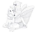 anthro blackholedog1 blush borzoi bottomwear canid canine canis clothed clothing dinosaur domestic_dog duo embrace fang_(gvh) feathered_wings feathers female feral goodbye_volcano_high hair half-closed_eyes hi_res hotpants hug humanoid hunting_dog long_hair long_snout mammal monochrome narrowed_eyes pterodactylus pterosaur reptile scalie shorts sighthound simple_background sketch snoot_game_(fan_game) snout sweater topwear video_games white_background wings 