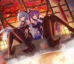 2girls absurdres autumn_leaves bangs bell black_pantyhose blue_hair breasts cone_hair_bun cowbell double_bun dutch_angle full_body ganyu_(genshin_impact) genshin_impact goat_horns hair_bun highres horns keqing_(genshin_impact) leaf legs long_hair looking_at_viewer maple_leaf medium_breasts melreon multiple_girls neck_bell no_shoes pantyhose parted_lips purple_eyes purple_hair sidelocks sitting soles toes twintails wet 