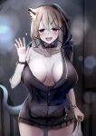  absurdres animal_ears arknights bag black_hoodie bracelet breasts cleavage collar earbuds earphones earphones_removed hair_ornament highres holding holding_bag hood hoodie jewelry kokihanada large_breasts naked_hoodie plastic_bag tail utage_(arknights) waving 